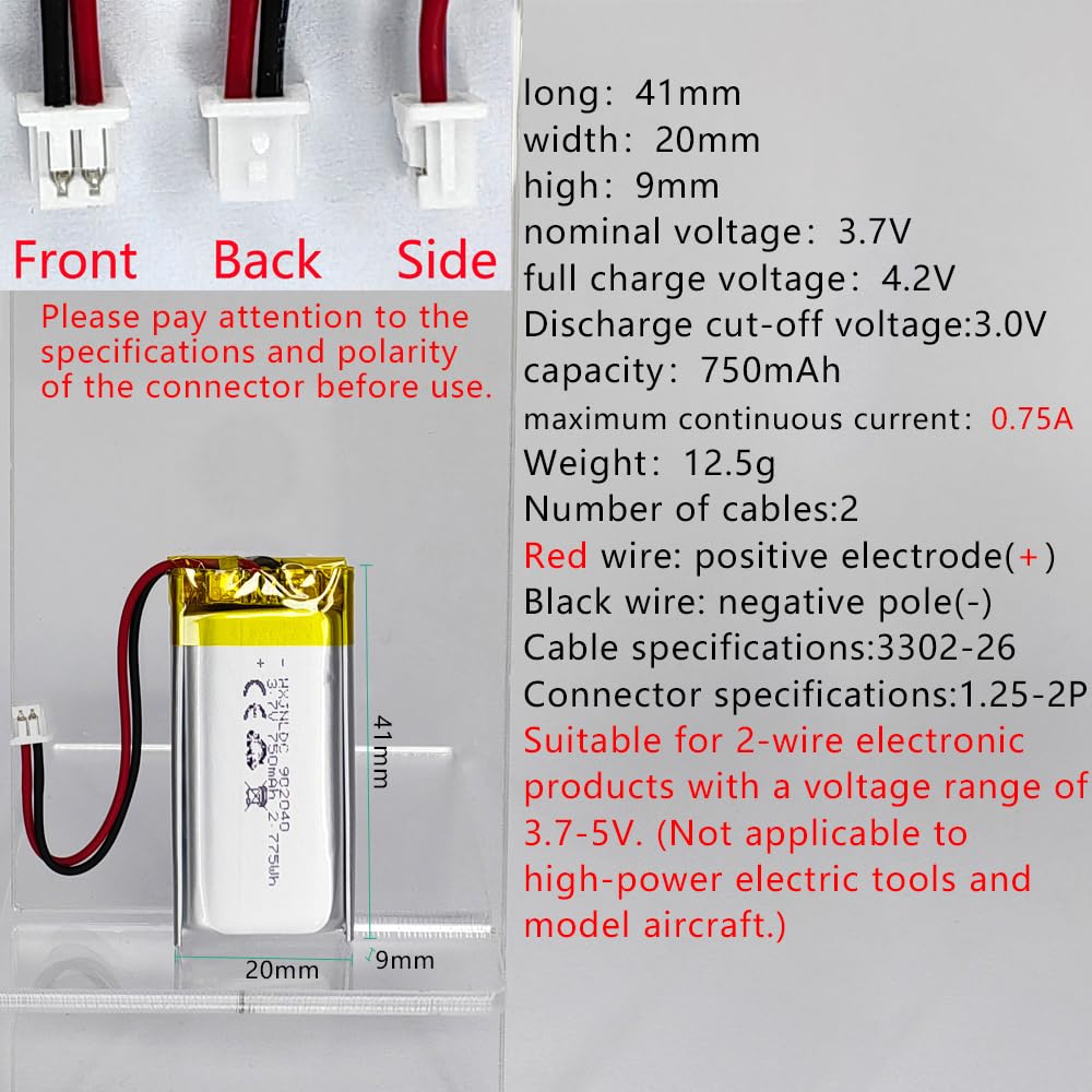 Amazon | DC 3.7V 750mAh 902040充電可能リチウムポリマー電池